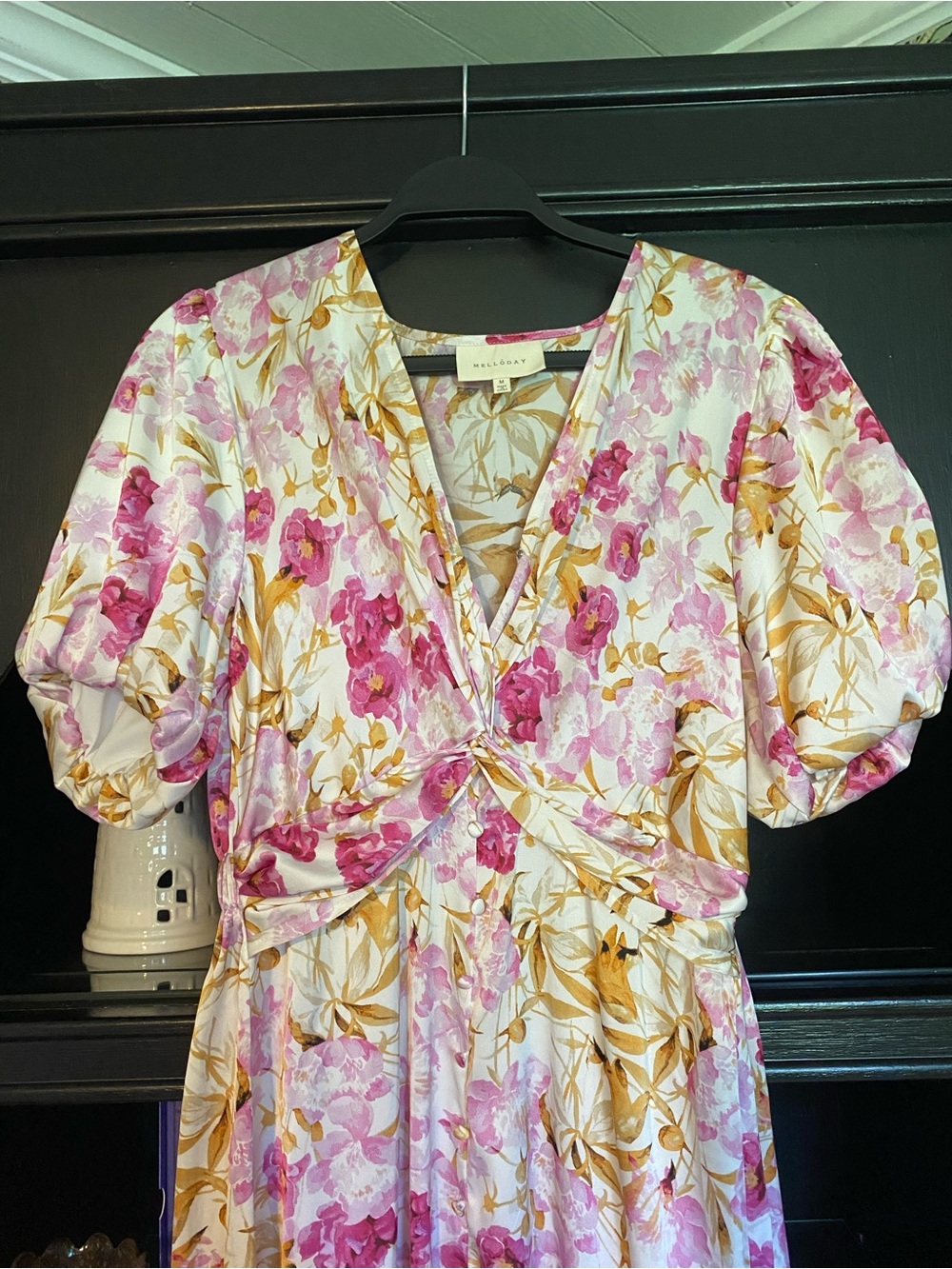 MELLODAY Pink & Gold Floral Twist-Front Midi Dress
